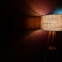 Photo mid-century teak wood tripod floor lamp